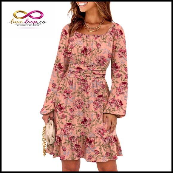 Dresses & Skirts - Long Sleeve Midi Dress A-Line Square Neck Elastic Waist Ruffle Hem